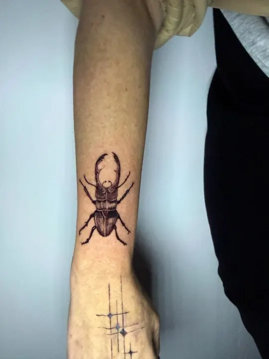 Hirschkäfer mit feinen Linien, Tattoo auf dem Unterarm